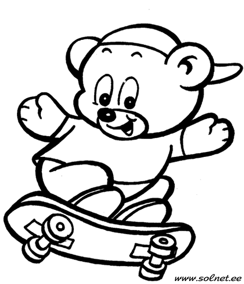 Медвежонок на скейте. Раскраска