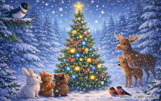 Иллюстрация к сказке «Новогодняя ёлка в лесу» — лесная ёлочка среди снега, забавные зверята и зимняя сказочная атмосфера